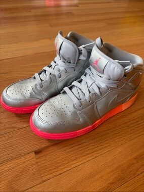 Jordan Kids' Silver High-Top Sneakers with Red Accents